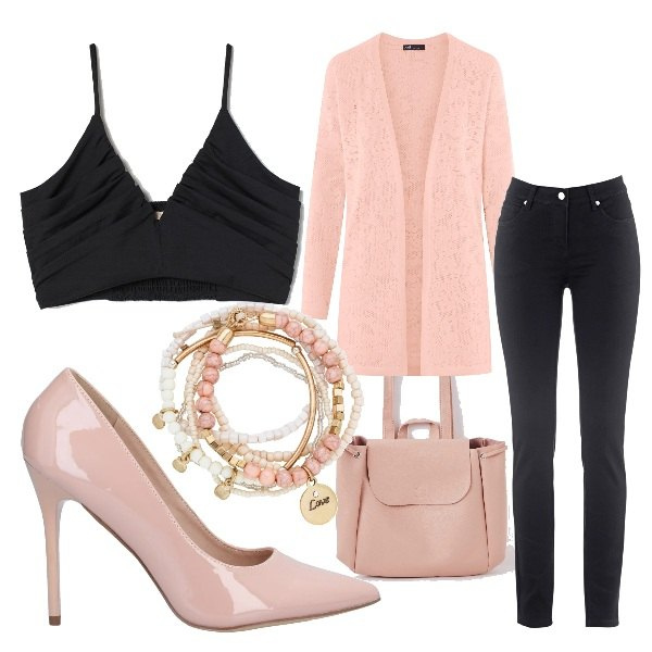 Outfit donna - Think p!nk. Stile Bon Ton Abbinamento con jeans dritti, braccialetti, décolleté, zaini, cardigans, top.