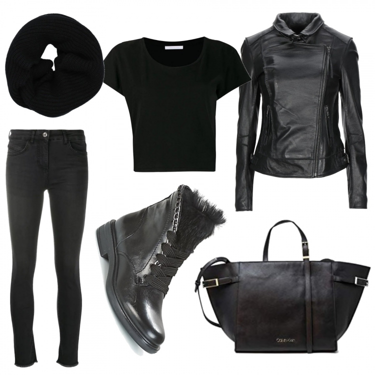 Outfit mujer - Otro estilo. Estilo Trendy para Todos los días. Combinación con bolso tote, botines, chaquetas, vaqueros pitillo, camiseta, calentador de cuello.