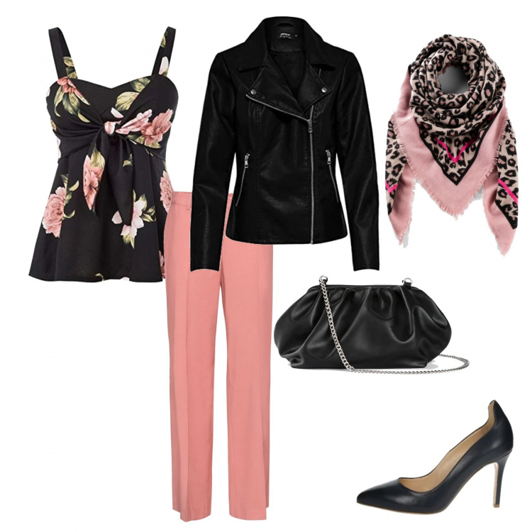 Outfit donna - Veste Rosalí. Stile Trendy per Serata fuori. Abbinamento con foulard, pantaloni, borse a tracolla, décolleté, canottiere, blazer.