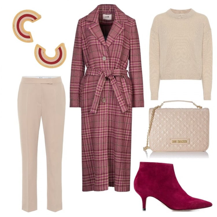 Outfit donna - Look urban chic per serata o ufficio. Stile Urban per Tutti i giorni. Abbinamento con orecchini, cappotti, stivaletti, borse a tracolla, pullovers, pantaloni.