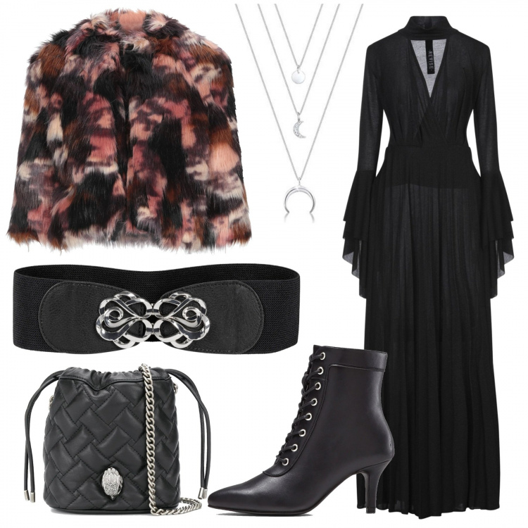 Outfit donna - Witch black project. Stile Rock per Serata fuori. Abbinamento con cinture, stivaletti, vestiti lunghi, ecopellicce, borse a secchiello, collane.