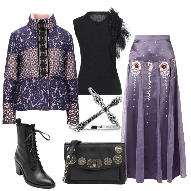 Outfit mujer - Sexy #9380. Estilo Sexy para Noche/Fiesta elegante. Combinación con anillos, botines, faldas largas, plumíferos, bolsos de hombro, jerséis.