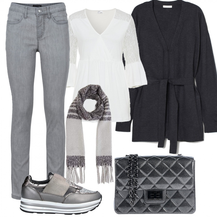 Outfit donna - Consigli di stile inverno low-cost. Stile Trendy per Tutti i giorni. Abbinamento con jeans skinny, maglieria, sneakers, borse a tracolla, cardigans, sciarpe.