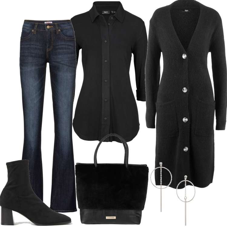 Outfit donna - Consigli di stile inverno low-cost. Stile Urban per Tutti i giorni. Abbinamento con camicie, cardigans, jeans bootcut, orecchini, borse a mano, stivaletti.