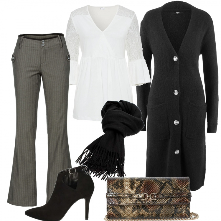 Outfit donna - Consigli di stile inverno low-cost. Stile Bon Ton per Tutti i giorni. Abbinamento con cardigans, pantaloni, maglieria, stivaletti, sciarpe, clutch.