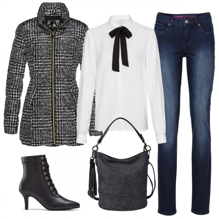 Outfit donna - Sexy #9392. Stile Sexy per Tutti i giorni. Abbinamento con giacche, jeans skinny, camicie, stivaletti, borse a tracolla.