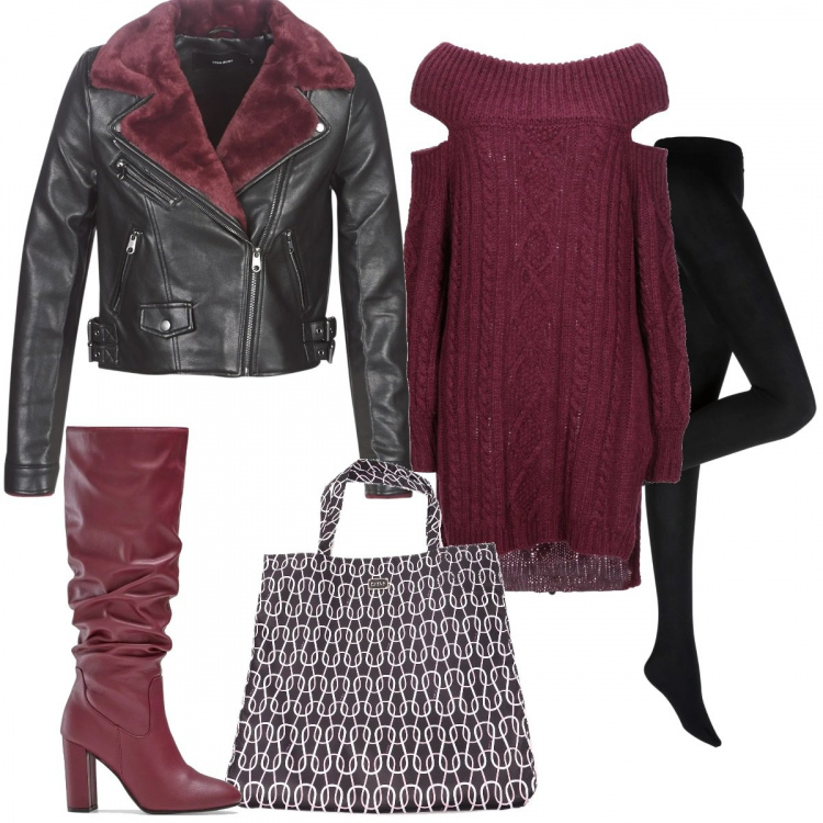 Outfit donna - Rock in bordeaux. Stile Urban per Tutti i giorni. Abbinamento con collant, stivali, pullovers, blazer, borse tote.
