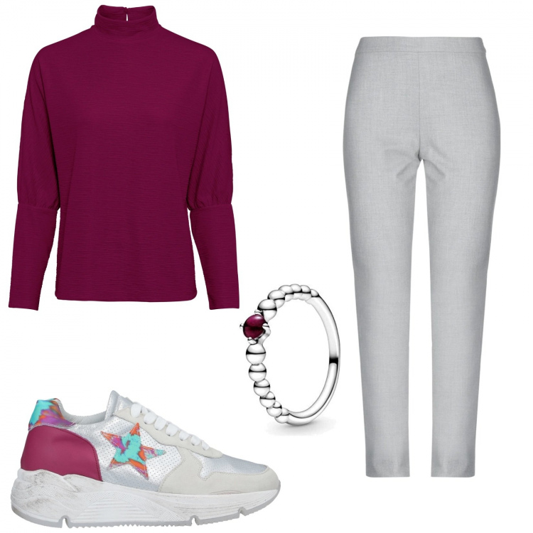 Outfit donna - In ufficio con le sneakers. Stile Trendy per Ufficio. Abbinamento con sneakers, pantaloni, shorts, anelli.