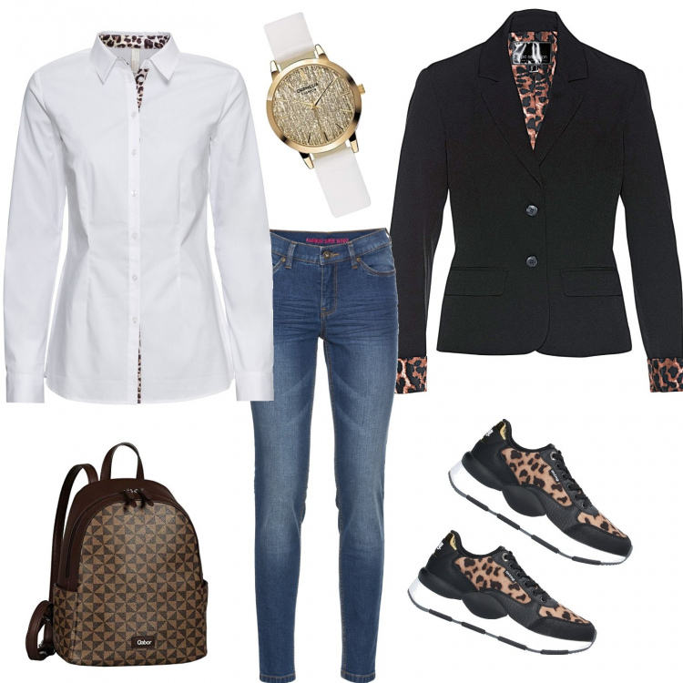 Outfit donna - Giacca All Day. Stile Trendy per Ufficio. Abbinamento con jeans skinny, camicie, blazer, sneakers, zaini, orologi analogici.