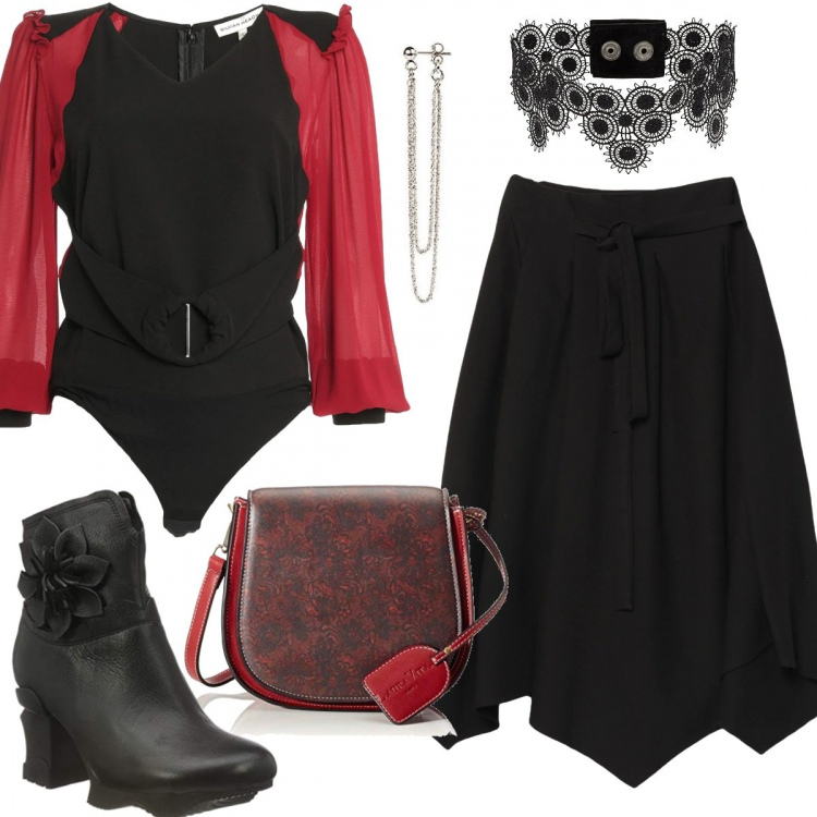 Outfit mujer - Urban #27284. Estilo Urban para Noche/Fiesta elegante. Combinación con botines, pendientes, bandoleras, falda longuette, blusas, collares.