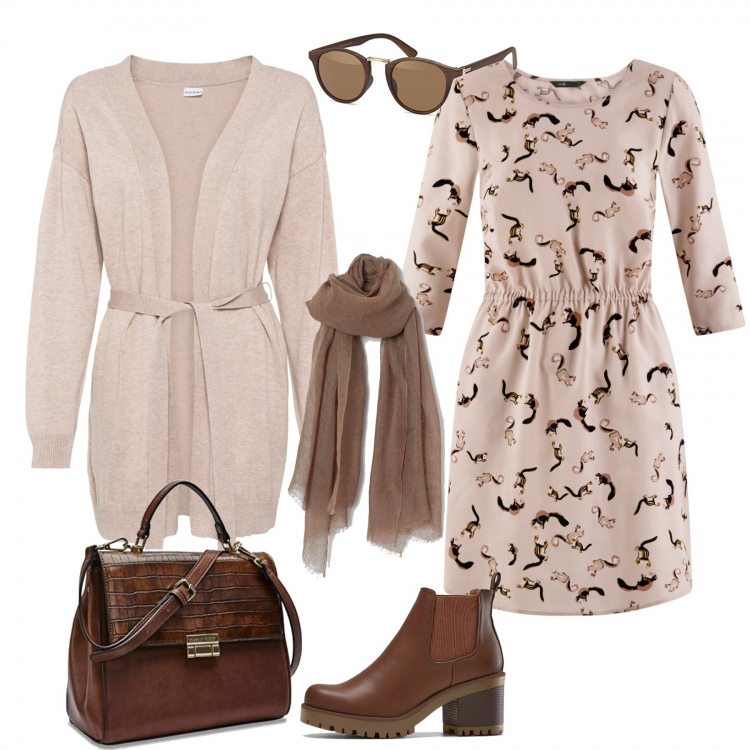 Outfit donna - Passeggiata al parco. Stile Basic per Tutti i giorni. Abbinamento con stivaletti chelsea, maglieria, vestiti midi/longuette, borse a mano, occhiali da sole, sciarpe.