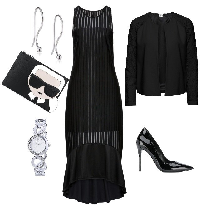 Outfit donna - Serata speciale. Stile Sexy per Cerimonia. Abbinamento con blazer, vestiti midi/longuette, décolleté, clutch, orologi analogici, orecchini.