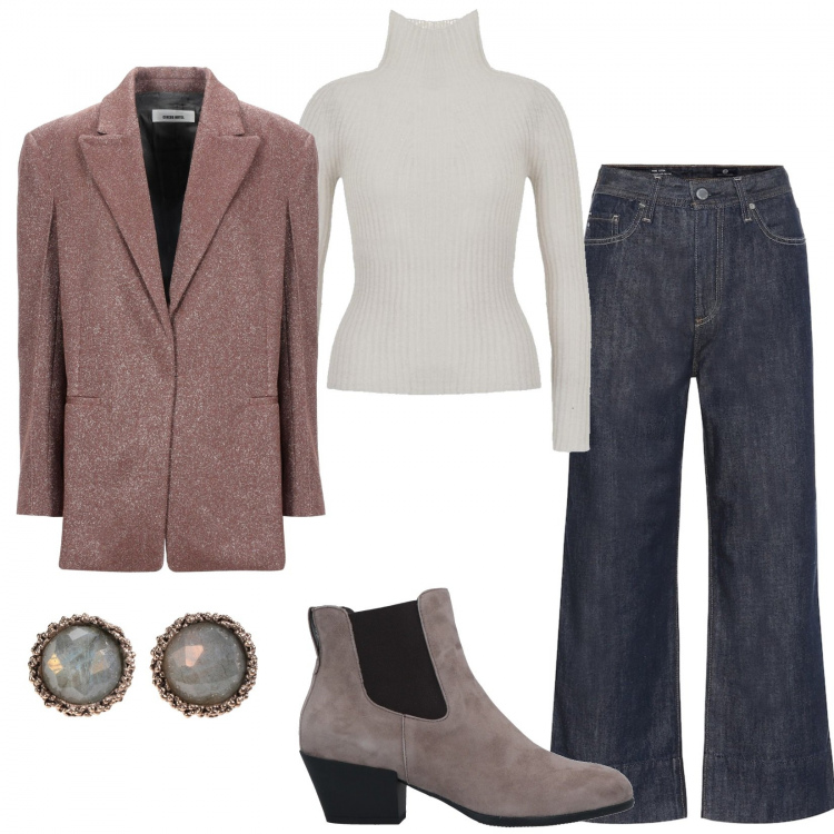 Outfit donna - Blazer. Stile Trendy per Serata fuori. Abbinamento con stivaletti chelsea, orecchini, blazer, jeans, maglioni.