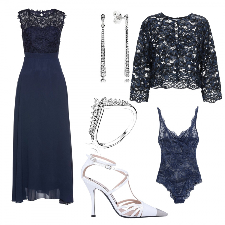 Outfit donna - Mi sposo in Villa. Stile Chic per Cerimonia. Abbinamento con vestiti lunghi, bolero, body, décolleté, anelli, orecchini.