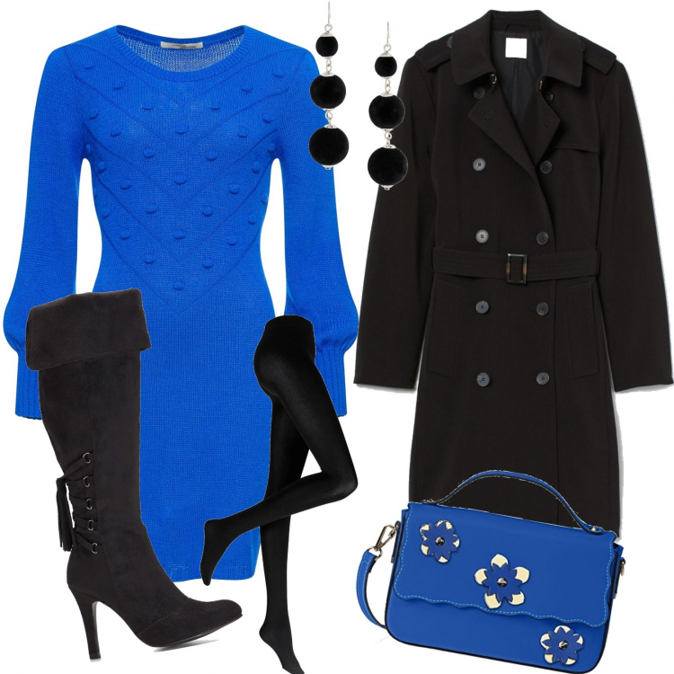 Outfit donna - Abito blu elettrico. Stile Trendy per Serata fuori. Abbinamento con collant, vestiti, stivali sopra il ginocchio, orecchini, borse a mano, trench.