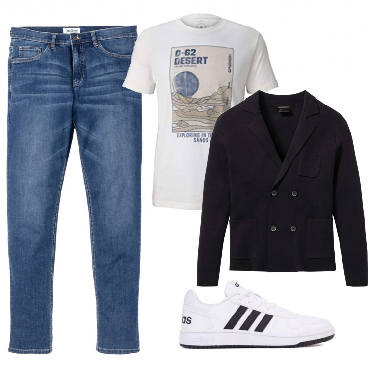 Outfit uomo - Urban #10078. Stile Urban per Tutti i giorni. Abbinamento con jeans, cardigans, sneakers, t-shirt.
