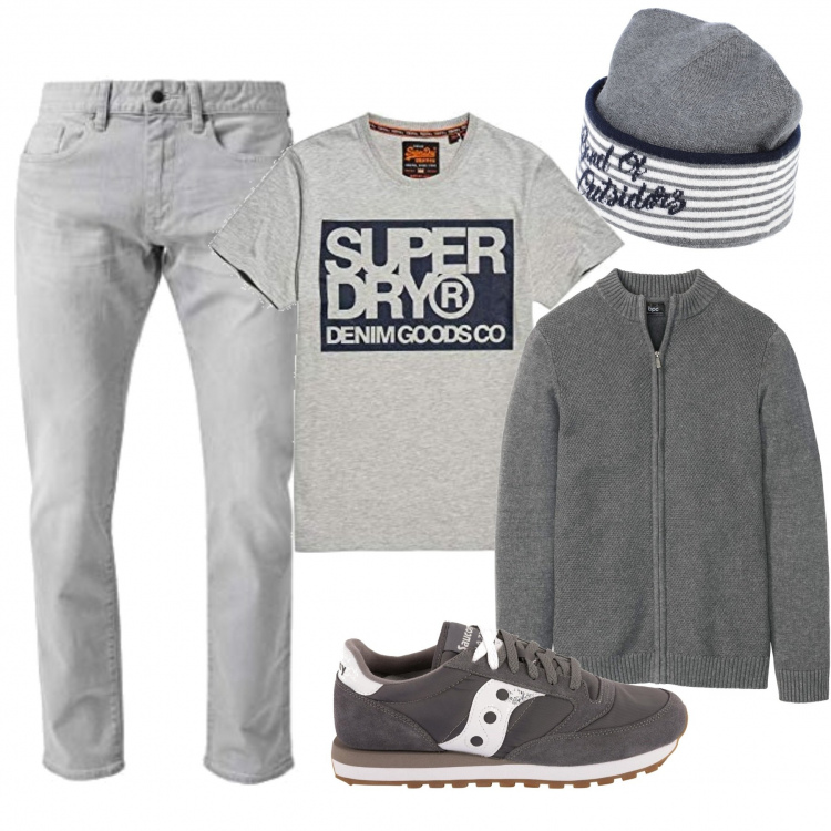Outfit uomo - Trendy #9278. Stile Trendy per Tutti i giorni. Abbinamento con cardigans, cappelli, jeans, sneakers, t-shirt.