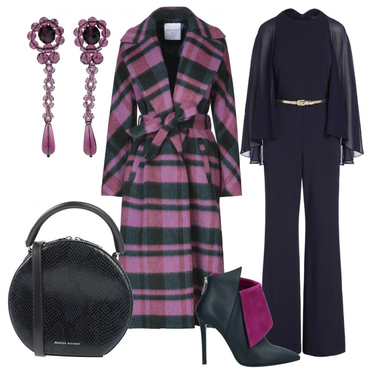 Outfit donna - Cerimonia con la pioggia. Stile Trendy per Cerimonia. Abbinamento con stivaletti, cappotti, tute, borse a mano, orecchini.