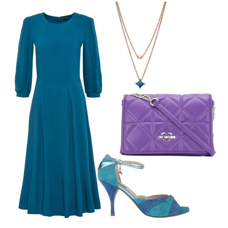 Outfit donna - Bon Ton #30630. Stile Bon Ton per Serata fuori. Abbinamento con sandali col tacco, vestiti asimmetrici, borse a spalla, ciondoli.