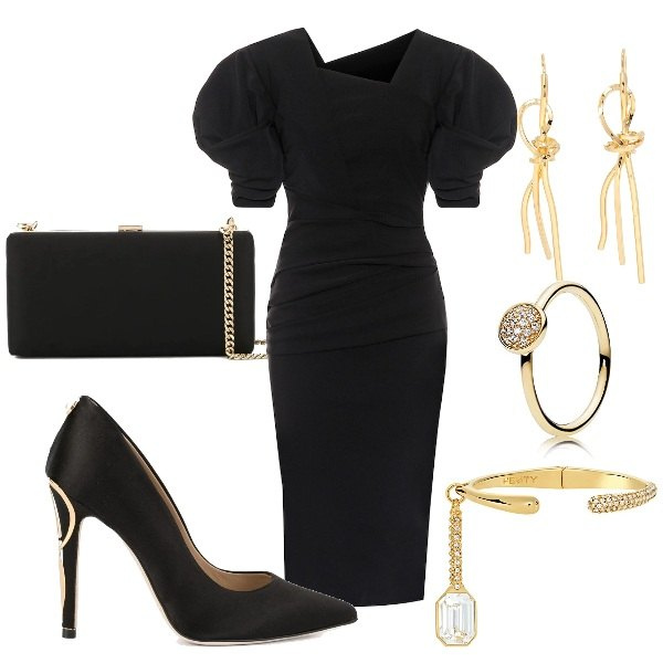 Outfit donna - Tubino & Décolleté. Stile Bon Ton per Cerimonia. Abbinamento con braccialetti, clutch, décolleté, vestiti a tubino, anelli, orecchini.