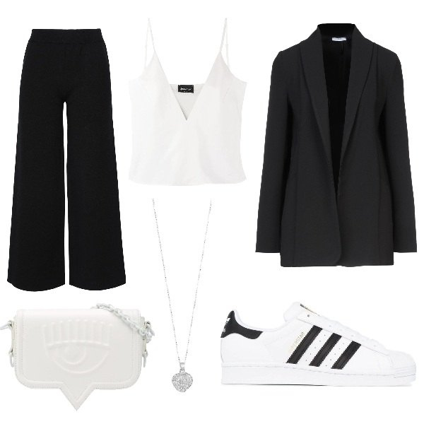 Outfit donna - Trendy #74295. Stile Trendy per Tutti i giorni. Abbinamento con pantaloni a palazzo, blazer, sneakers, bluse, borse a spalla, ciondoli.