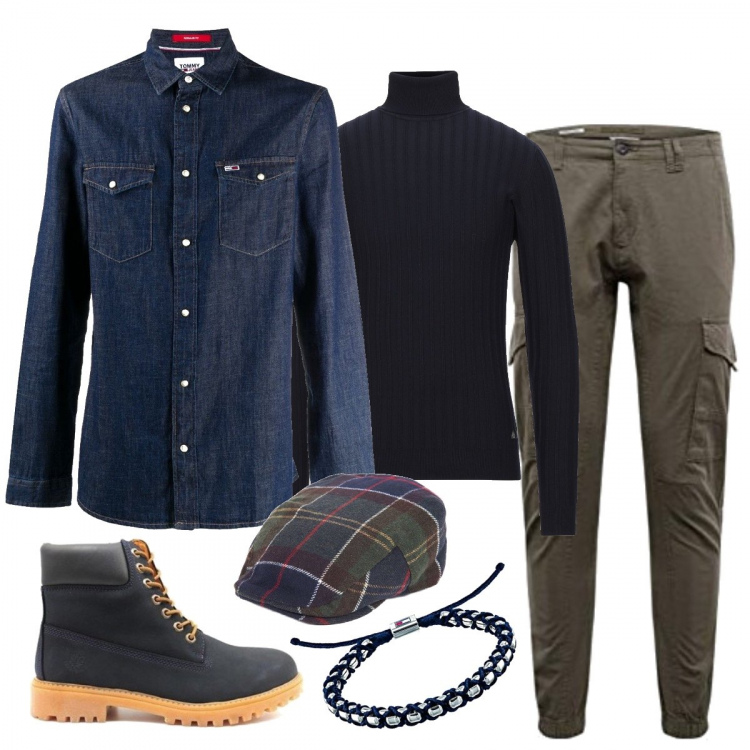 Outfit uomo - Con la camicia in jeans. Stile Casual per Tutti i giorni. Abbinamento con stivali e stivaletti, cappelli con visiera, camicie, pullovers, pantaloni, braccialetti.