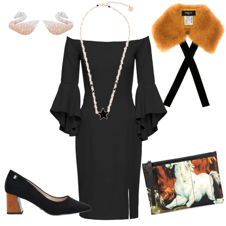 Outfit donna - Sexy #9463. Stile Sexy per Serata fuori. Abbinamento con vestiti midi/longuette, collane, décolleté, orecchini, ecopellicce, clutch.