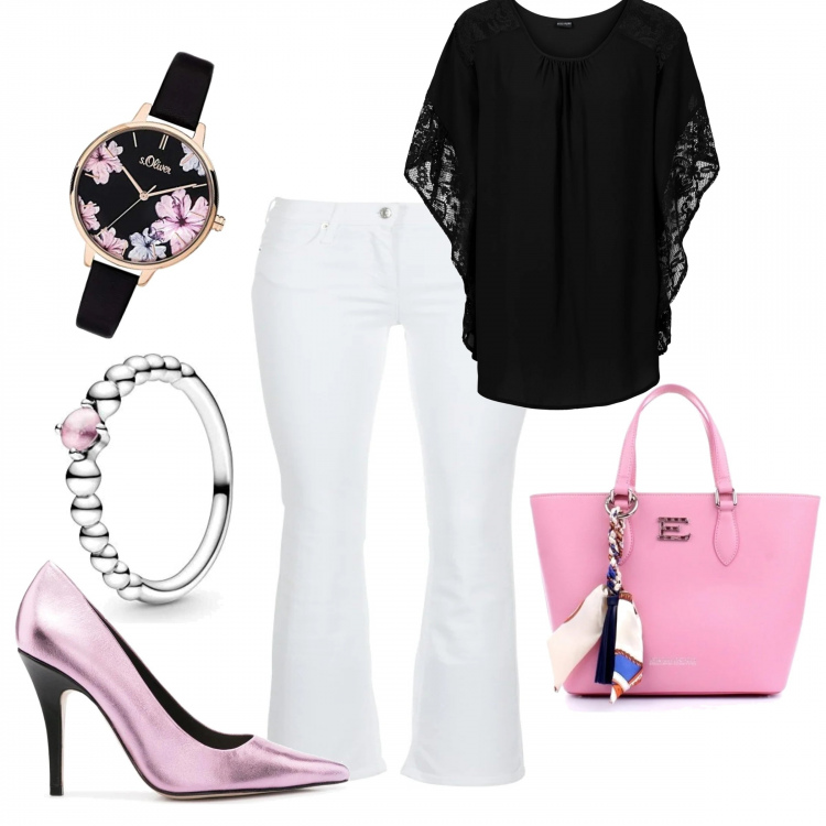 Outfit donna - Trendy #74331. Stile Trendy per Tutti i giorni. Abbinamento con bluse, jeans bootcut, shopping bag, décolleté, anelli, orologi analogici.