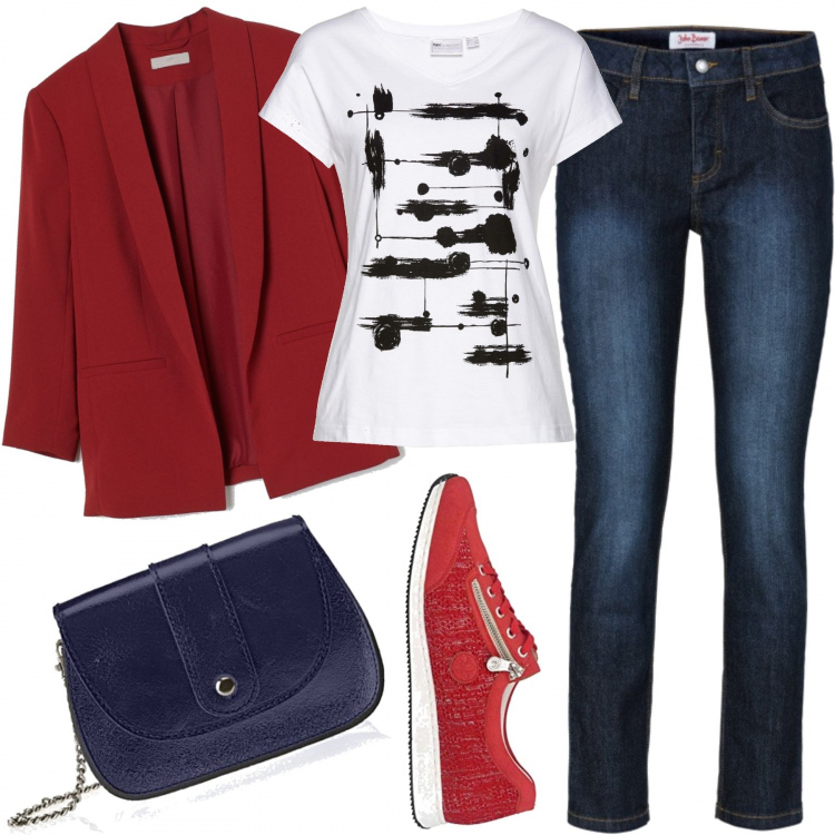Outfit donna - Pomeriggio si va al cinema. Stile Basic per Tutti i giorni. Abbinamento con jeans slim fit, t-shirt, blazer, sneakers, borse a spalla.
