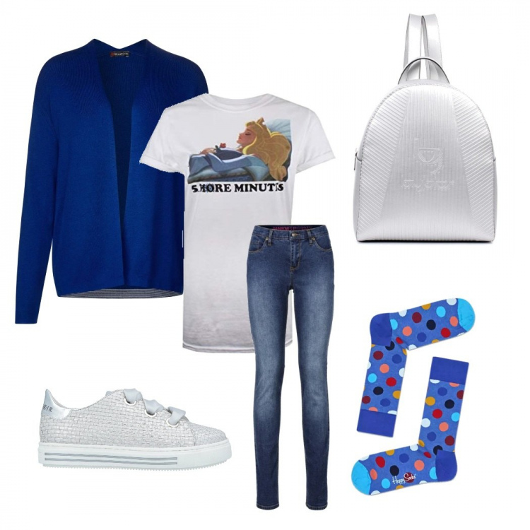 Outfit donna - Blu elettrico. Stile Basic per Tutti i giorni. Abbinamento con jeans skinny, sneakers, zaini, calzini, cardigans, t-shirt.