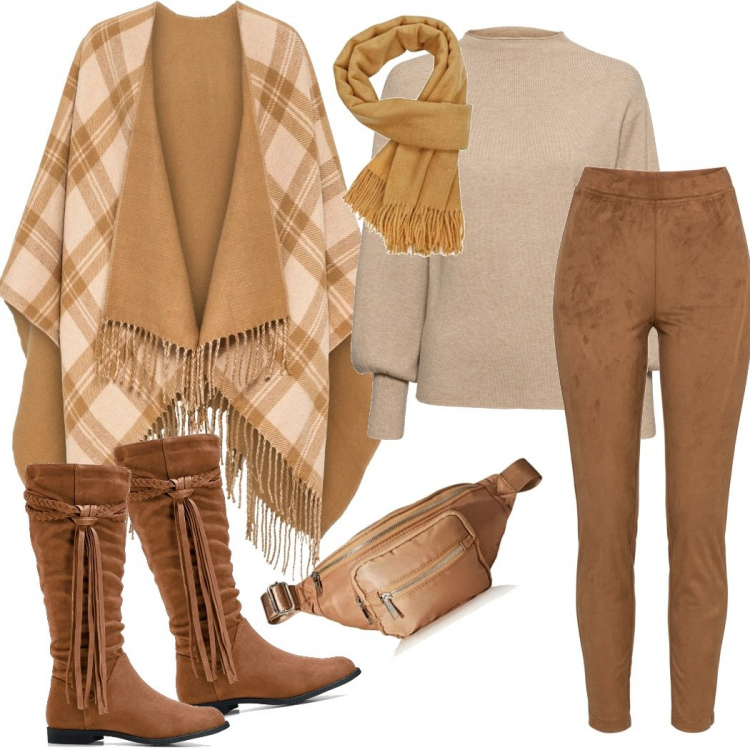 Outfit donna - Countryside mood. Stile Basic per Tutti i giorni. Abbinamento con maglieria, pantaloni, cappotti, stivali, scialli, marsupi.