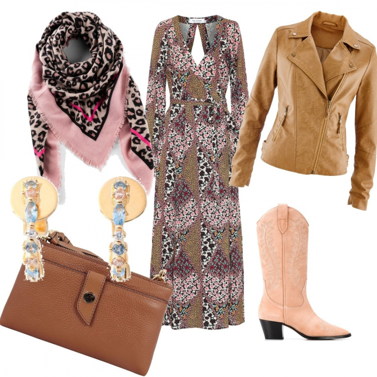 Outfit donna - Giornata texana. Stile Chic per Tutti i giorni. Abbinamento con foulard, blazer, orecchini, stivaletti texani, vestiti, borse a tracolla.