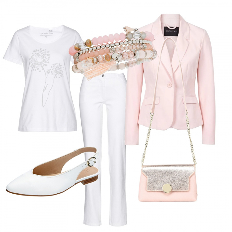 Outfit donna - Bon Ton #30694. Stile Bon Ton per Tutti i giorni. Abbinamento con t-shirt, blazer, pantaloni, ballerine, braccialetti, borse a tracolla.
