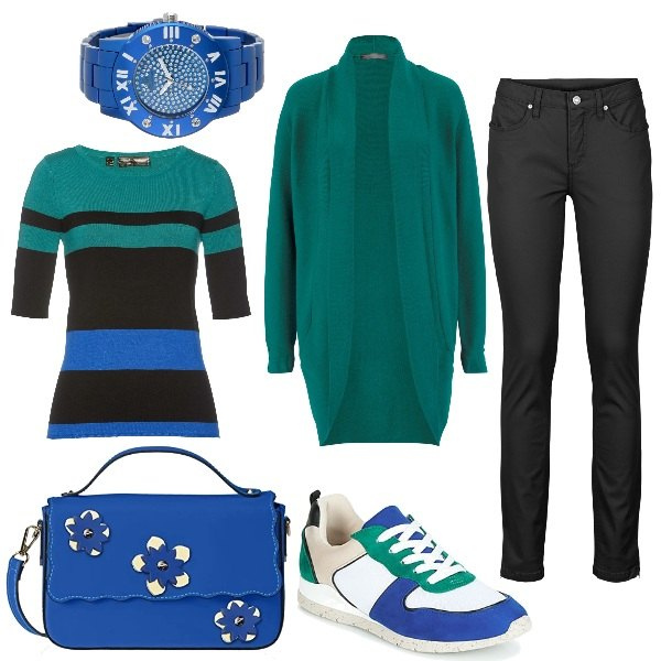 Outfit donna - Tempo di Shopping. Stile Basic per Tutti i giorni. Abbinamento con jeans, cardigans, blazer, sneakers, orologi, borse a mano.