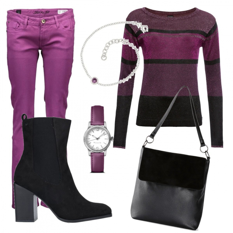 Outfit donna - Trendy #74417. Stile Trendy per Tutti i giorni. Abbinamento con maglieria, shopping bag, stivaletti, jeans skinny, braccialetti, orologi.