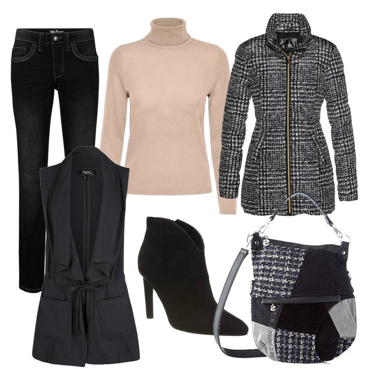 Outfit donna - Domani così. Stile Urban per Ufficio. Abbinamento con giacche, gilet, jeans dritti, maglioni, borse a tracolla, stivaletti.
