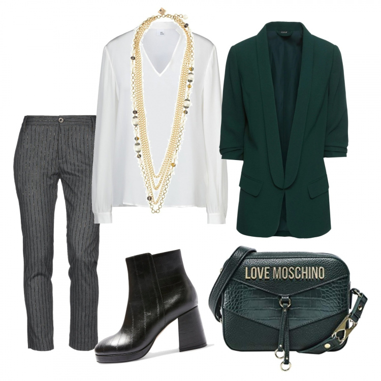 Outfit donna - Basic #40639. Stile Basic per Tutti i giorni. Abbinamento con blazer, pantaloni, stivaletti, bluse, ciondoli, borse a spalla.