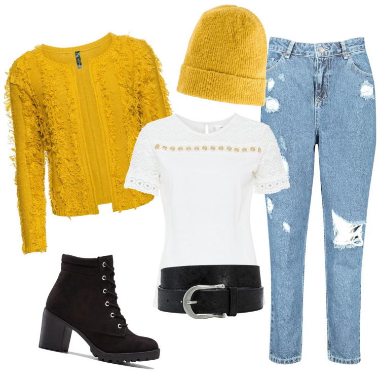 Outfit donna - Maglione giallo e jeans. Stile Rock per Tutti i giorni. Abbinamento con stivaletti, cinture, cardigans, pullovers, berretti, jeans mom.