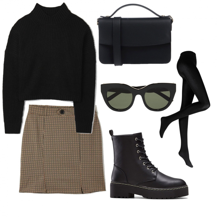 Outfit donna - Per la città... Ma non troppo. Stile Rock per Tutti i giorni. Abbinamento con collant, stivaletti, borse a cartella, occhiali da sole, gonne, pullovers.