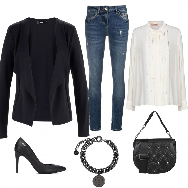 Outfit donna - Total look #763737. Abbinamento con blazer, camicie, borse a mano, jeans skinny, décolleté, braccialetti.