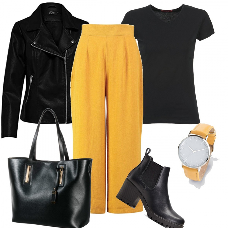 Outfit donna - Trendy #74478. Stile Trendy per Ufficio. Abbinamento con stivaletti chelsea, orologi, shopping bag, pantaloni culotte, t-shirt, blazer.