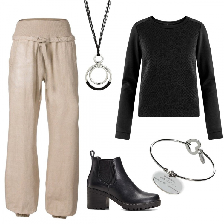 Outfit donna - Black Basic. Stile Basic per Tutti i giorni. Abbinamento con stivaletti chelsea, pantaloni, collane, braccialetti, felpe.