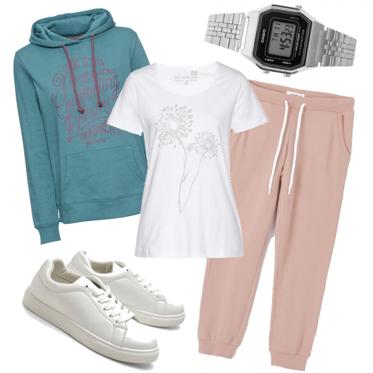 Outfit donna - Ore 11 e 30 educazione fisica. Stile Basic per Tutti i giorni. Abbinamento con t-shirt, felpe con cappuccio, orologi, pantaloni, sneakers.