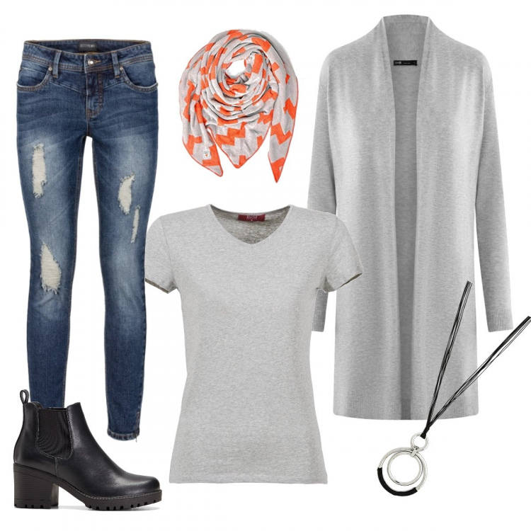 Outfit donna - Urban #27489. Stile Urban per Tutti i giorni. Abbinamento con stivaletti chelsea, jeans strappati, collane, t-shirt, cardigans, sciarpe.