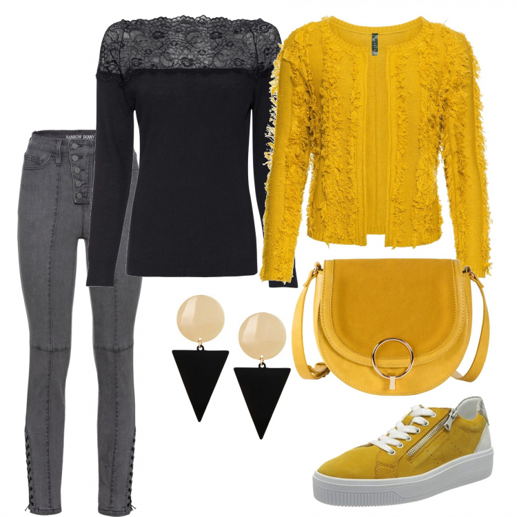 Outfit donna - Pomeriggio autunnale. Stile Trendy per Tutti i giorni. Abbinamento con vestiti, cardigans, maglioni, borse a tracolla, orecchini, sneakers.