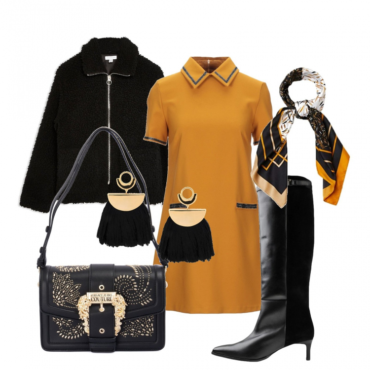 Outfit donna - Foulard+borsa a tracolla. Stile Bon Ton per Tutti i giorni. Abbinamento con vestiti corti, ecopellicce, stivali, orecchini, sciarpe, borse a spalla.