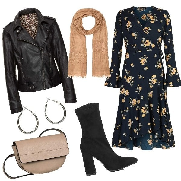 Outfit mujer - Bandolera & Fular Chic. Estilo Trendy para Todos los días. Combinación con bufandas, bolsos de hombro, pendientes, abrigos, vestidos midi/longuettes, botines.