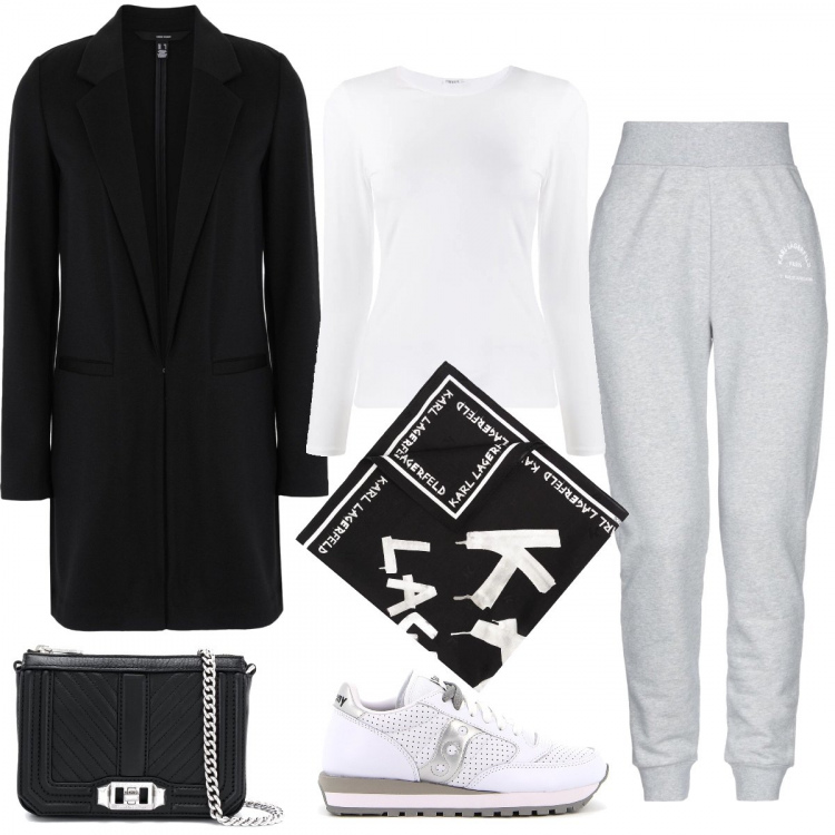 Outfit donna - Blazer lungo e pantaloni in felpa. Stile Trendy per Tutti i giorni. Abbinamento con blazer, pantaloni, t-shirt, borse a spalla, foulard, sneakers.