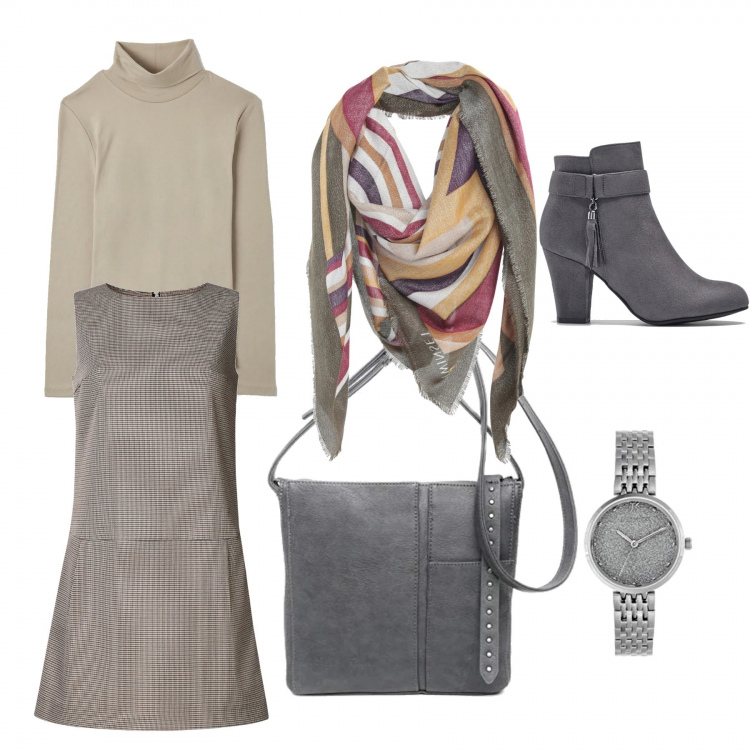 Outfit donna - Coppie di fatto. Stile Bon Ton per Tutti i giorni. Abbinamento con stivaletti, foulard, t-shirt, vestiti senza maniche, borse a tracolla, orologi.