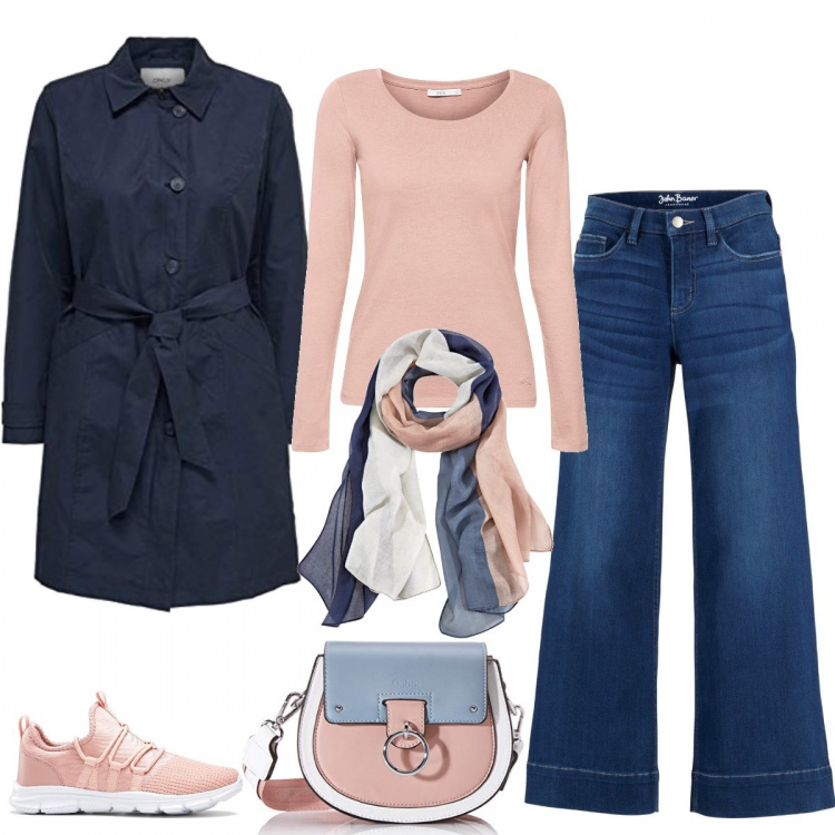 Outfit donna - Foulard e tracollina in tono. Stile Basic per Tutti i giorni. Abbinamento con jeans a zampa, sciarpe, sneakers, pullovers, trench, borse a tracolla.